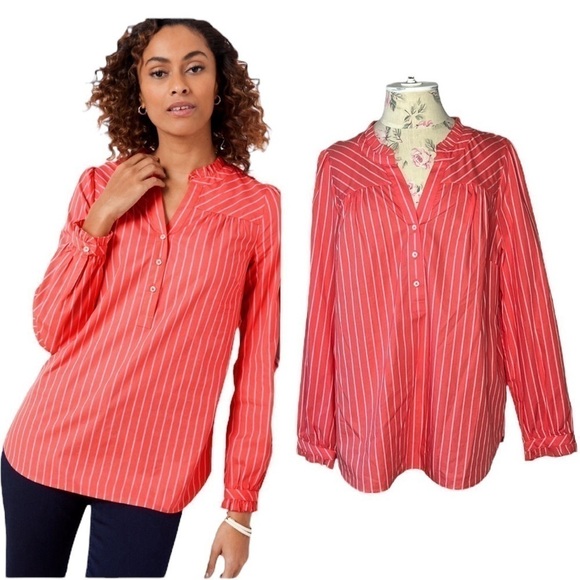 Talbots 100% cotton, coral & white pinstriped button-down ruffle trim shirt Sz L - Picture 1 of 15